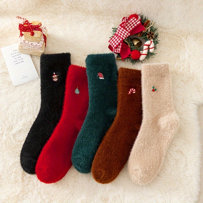 Image of 5 Pairs Of Fluffy Christmas Socks For Women's Mid-tube Socks [autumn And Winter] Fleece-lined And Thickened Warm Socks [winter] Home New Year Floor Socks