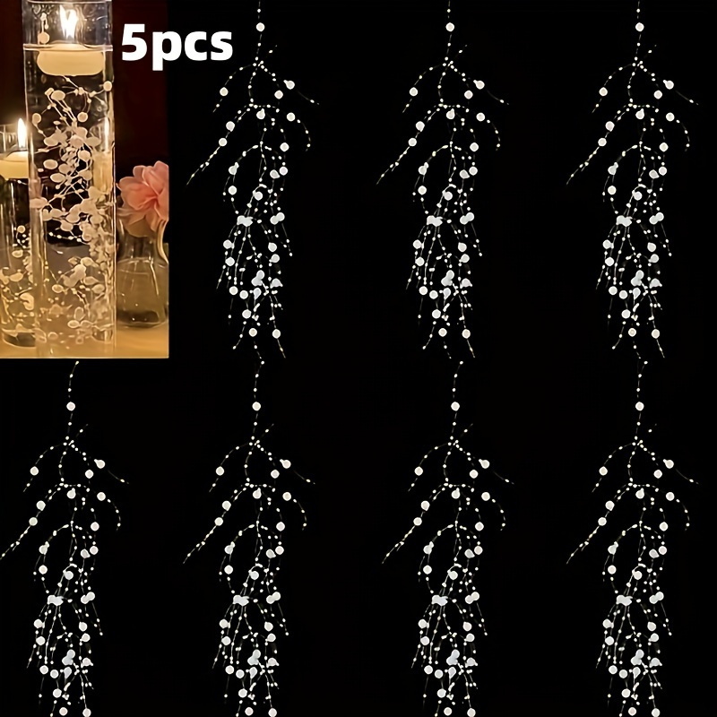 Image of 5pcs140cm/55.12in Floating Candle Pearl String, Pearl Vase Filler, Accessories, For Wedding Centerpiece, White, Beige