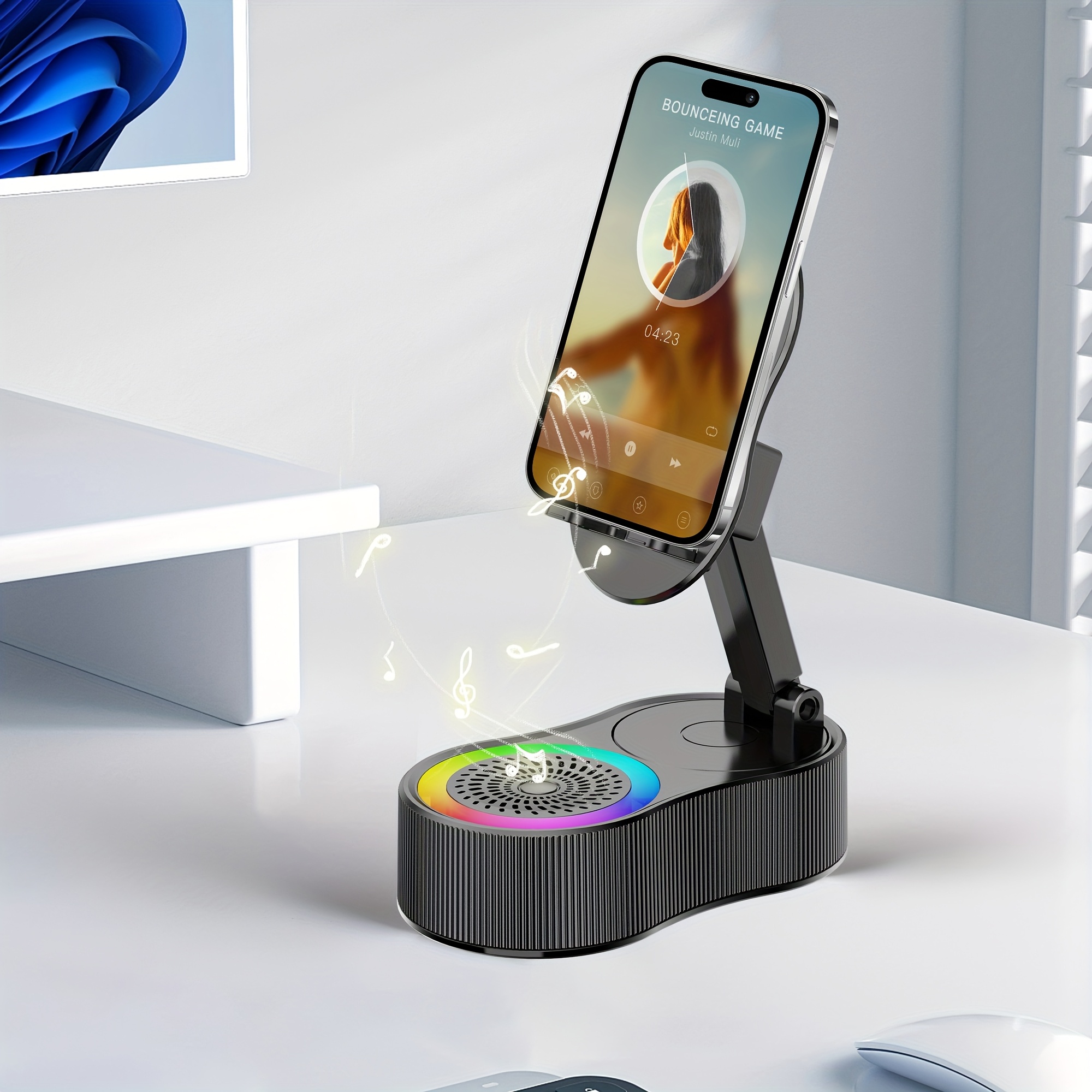 2 pack wireless induction audio wireless speaker phone holder emergency rechargeable 3000mah with colorful ambient foldable for tablet for iphone gifts for men women black Product details 6