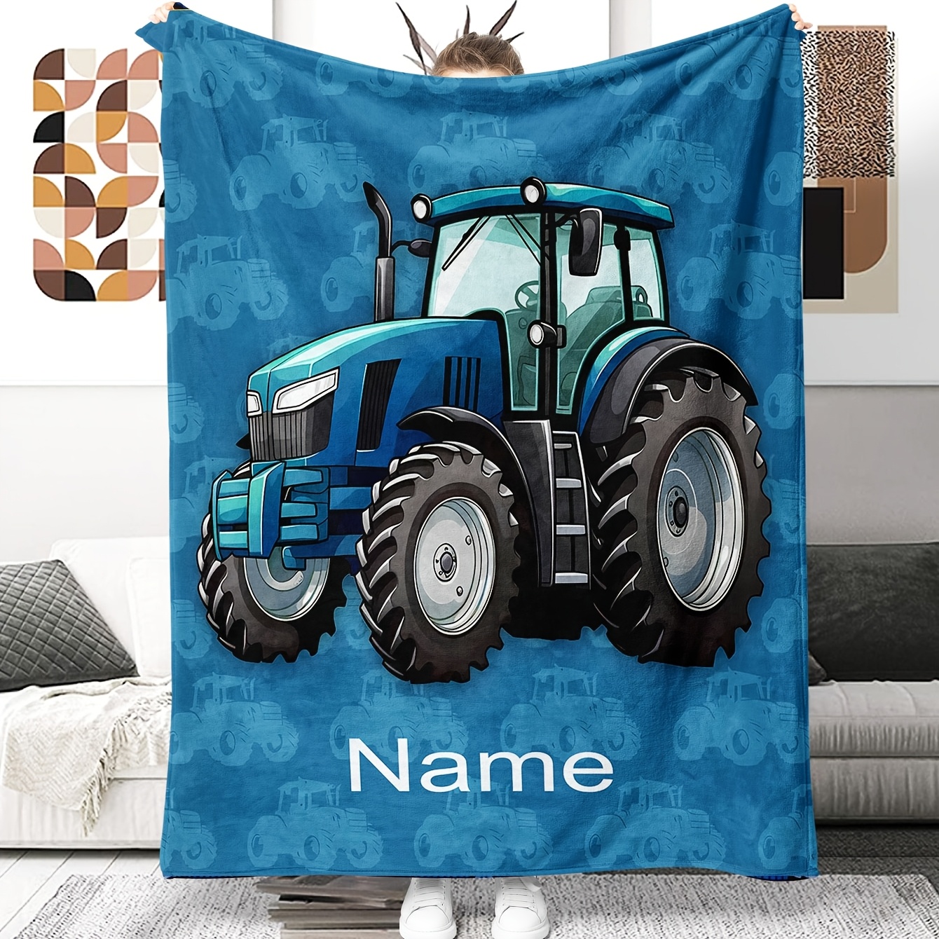 

Contemporary Cartoon Tractor Throw Blanket, Hypoallergenic Flannel Fleece, , Tear Resistant, , With Personalized Name Option, For Boys And Girls, Ideal Gift For Travel And