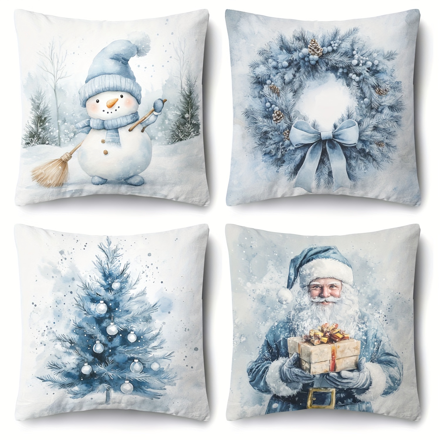 TEMU 4pcs Blue Christmas Set Pillow Cover, Watercolor Christmas Design, Christmas Tree, Wreath, Snowflake, Elegant Design, 18 * 18 Inches - Zipper