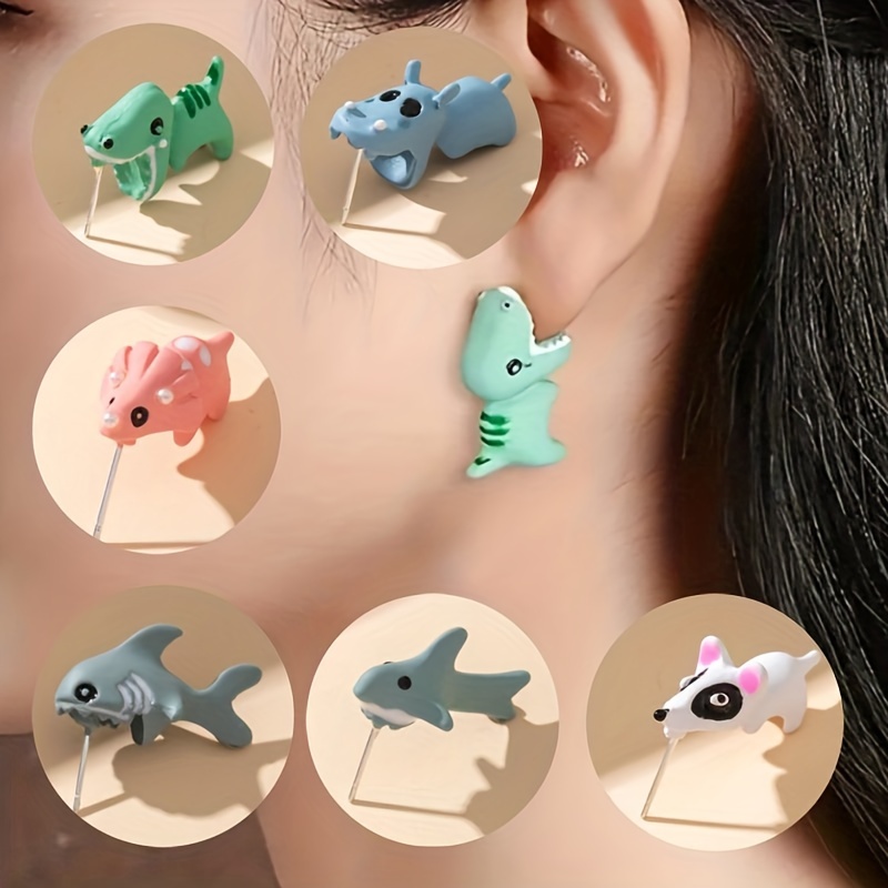 

6 Pairs Cartoon Animal Stud Earrings, Cute Funny Hippo Dinosaur Puppy Bite Design Clay Earrings Set, Funny Gifts For Her