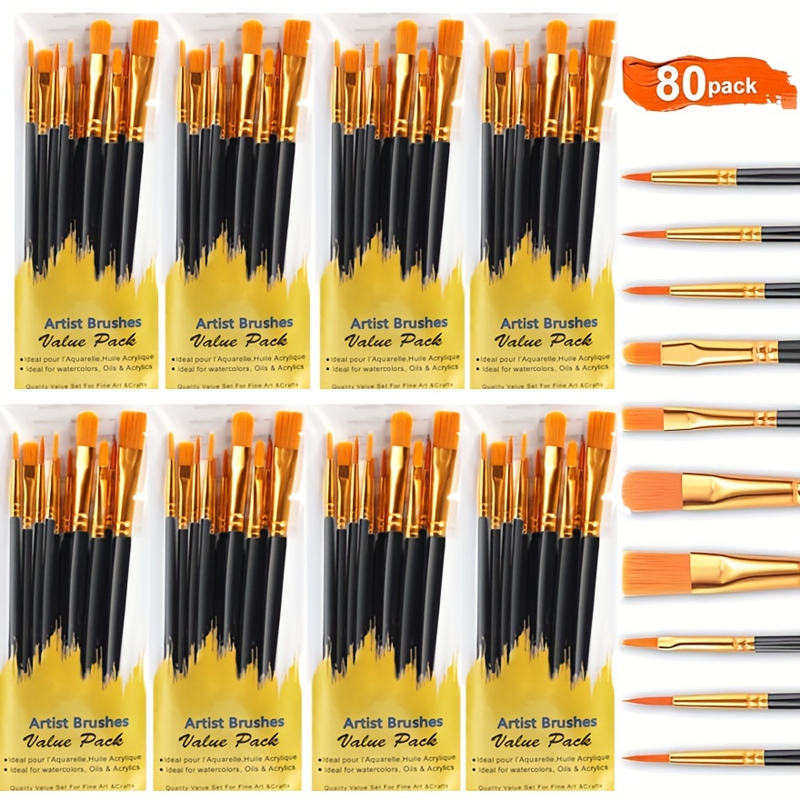 

80pcs Brush Set - High Quality Nylon Bristles, Suitable For Acrylic, Oil, Watercolor In Shapes - Very Suitable For Master Artists And Beginners. From