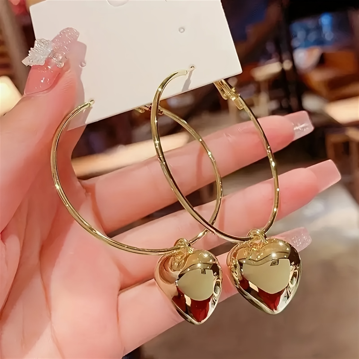 1 Pair Sweet Cool Individual Creative Heart Pendant Large Hoop Earrings Women's Earrings