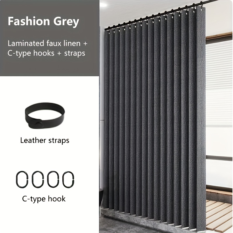 

1pc Fashion Grey Shower Curtain, Easy No-punch Installation With C-type Hooks And Leather Straps, Waterproof Bathroom Partition Curtain