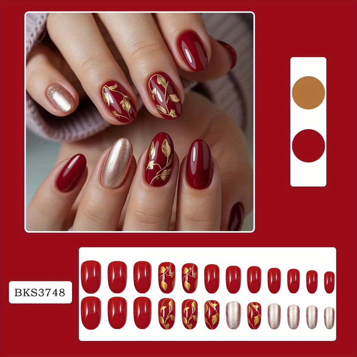 E-shop 24 Stück Rote Nagelkunst Mandel Goldene Blätter Aufdrück-Nägel mit Bling Silberglitzer