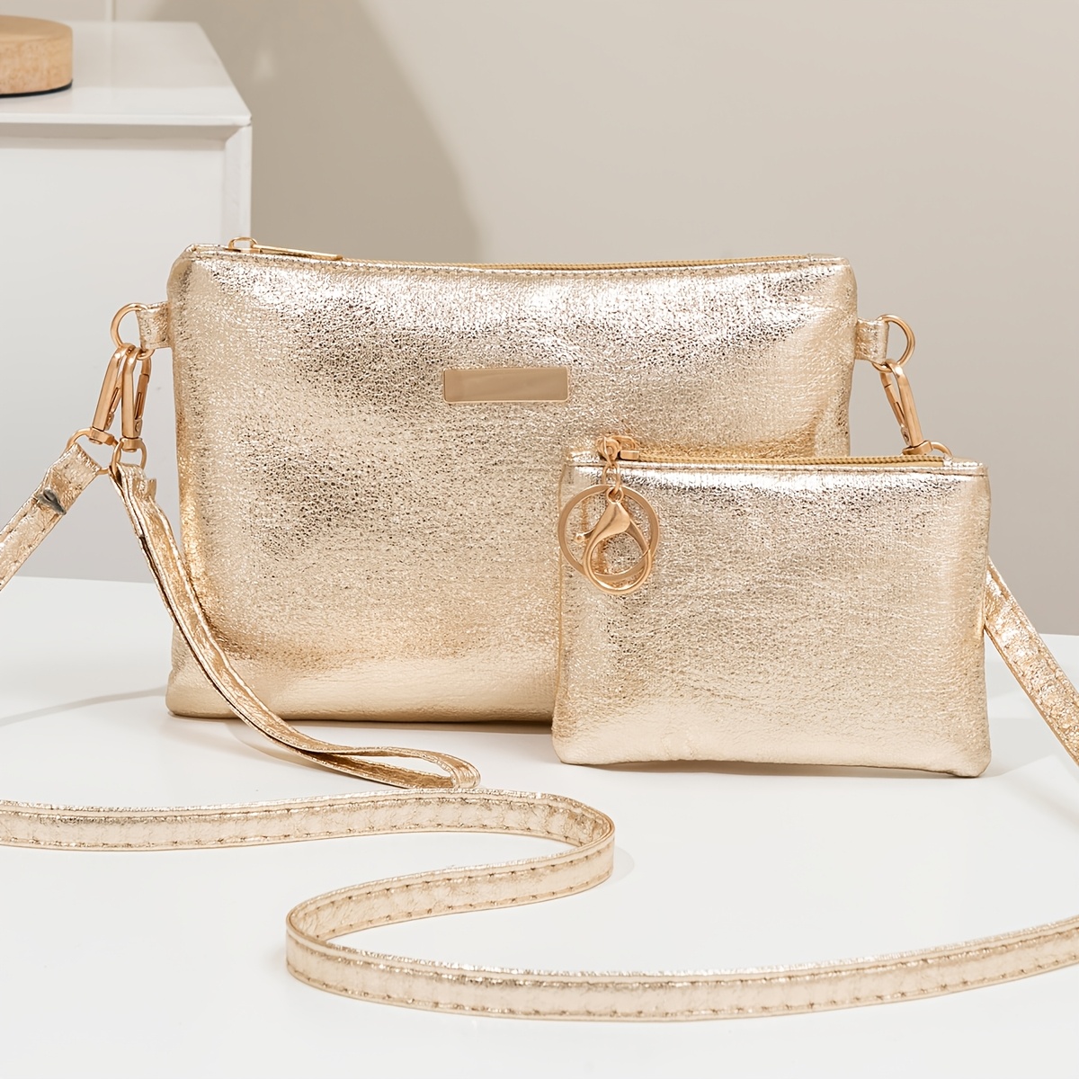 TEMU Women' Set Golden Casual Versatile Two-piece Set Sequined Elegant Trendy Crossbody Bag Solid Color Textured Small Square Bag