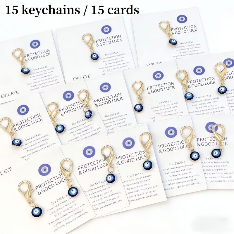 TEMU Gift For Her/him 30 Items - Blue Evil Eye Symbols + Card Protection Charms, 15 Eyes + 15 Metal Clasp Cards - Gifts For Birthdays, Weddings,