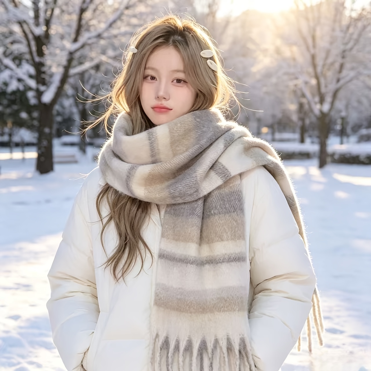 TEMU Autumn Winter Women's Winter Meishirad Atmosphere Korean Style Warm Neck Scarf Long Shawl Scarf Dual Use
