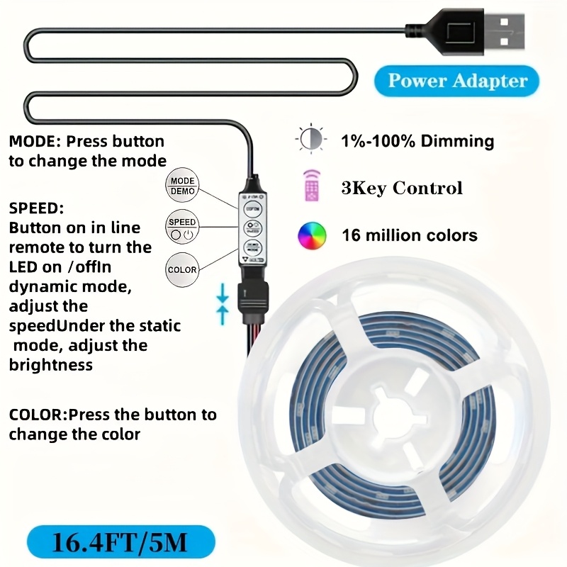 Image of Led Light Strip, 3-key Controller Usb Powered, Suitable For Tv Backdrop, Home Decor, Living Room Bedroom Party Decoration, Halloween Christmas Birthday Gift