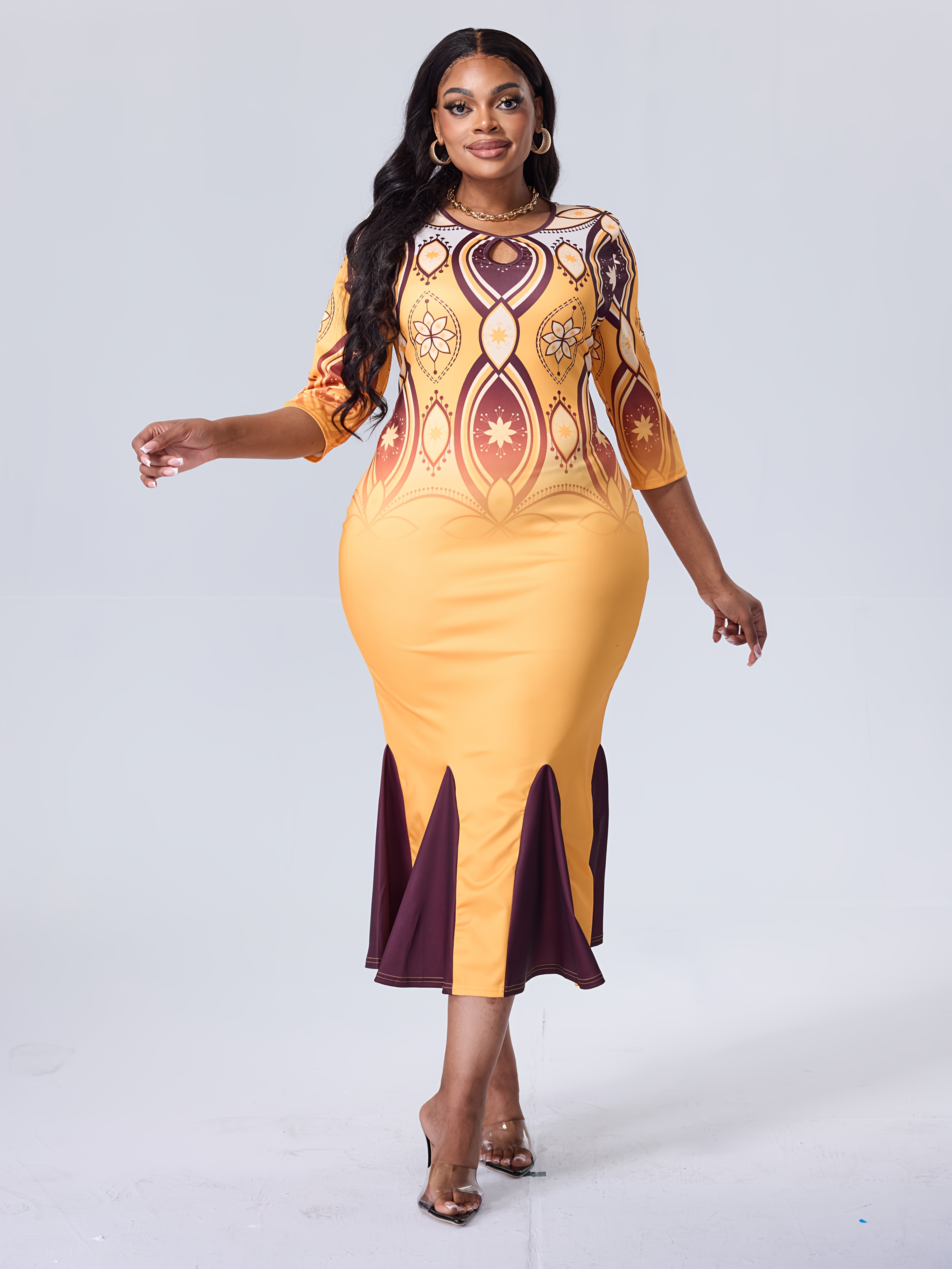 1pc elegant plus size midi dress - polyester knit fabric with pockets,  v-neck, long sleeve, flared hem, stretch, festive loose swing dress for  fall/winter | Great Deals | Temu
