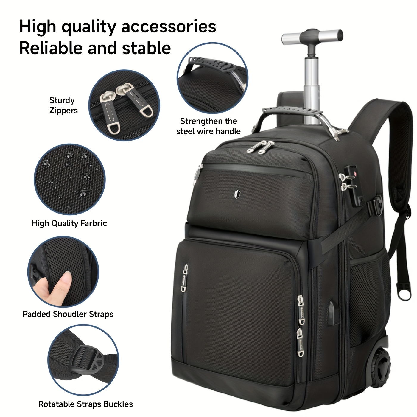 1pc Vacpack 20-inch Rolling Backpack With Wheels, Aluminum Soft Shell, Minimalist Business Style, Adjustable Straps, Telescopic Handle, Zipper Closure, Polyester Lining, Combination Lock, In-Line Skate Wheels, USB/Battery Powered.
