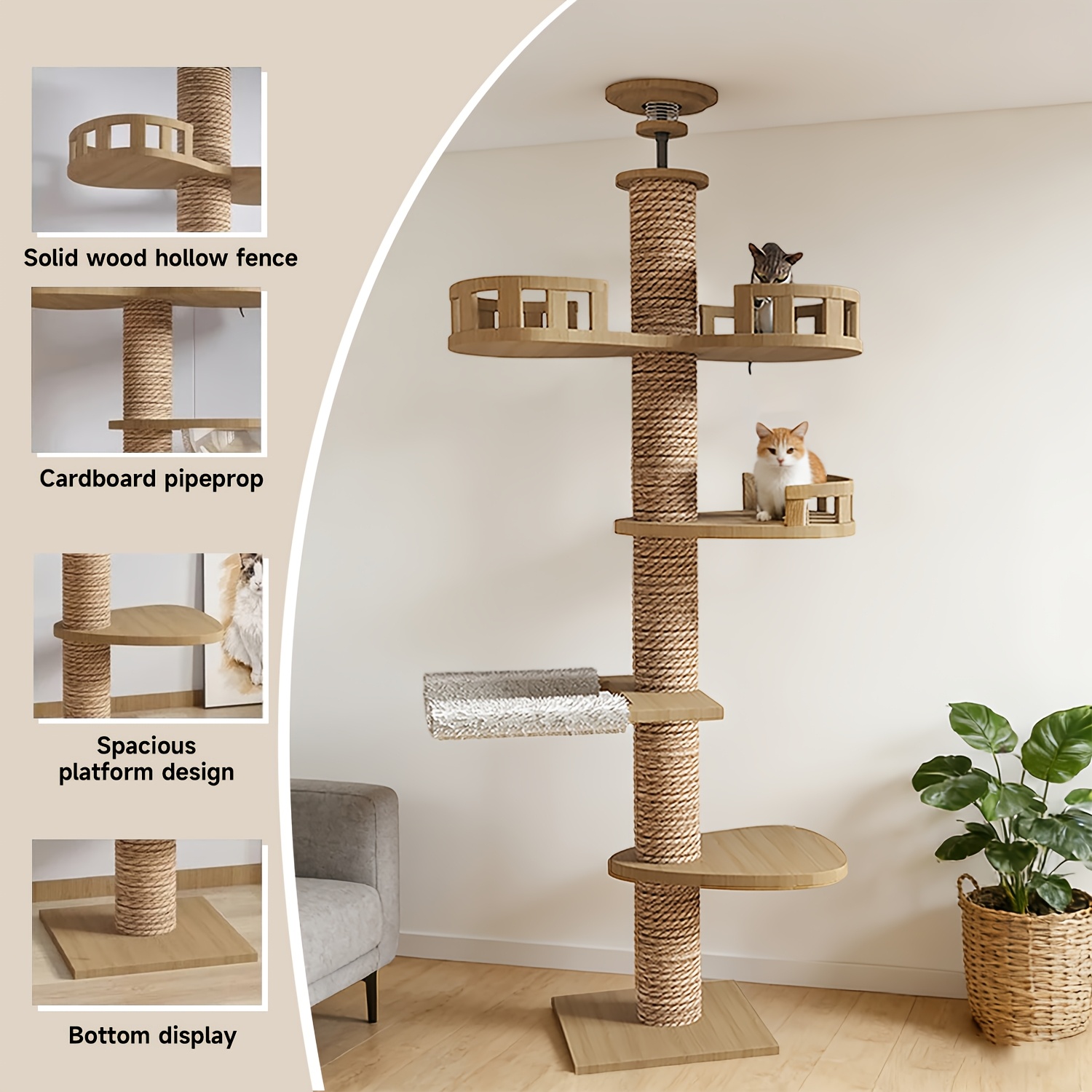 TEMU Large Tall Multi-level Cat Tree Tower With Wood & Sisal Rope - Floor-to-ceiling Modern Floor-standing Cat Tower Suitable For Indoor Cats,