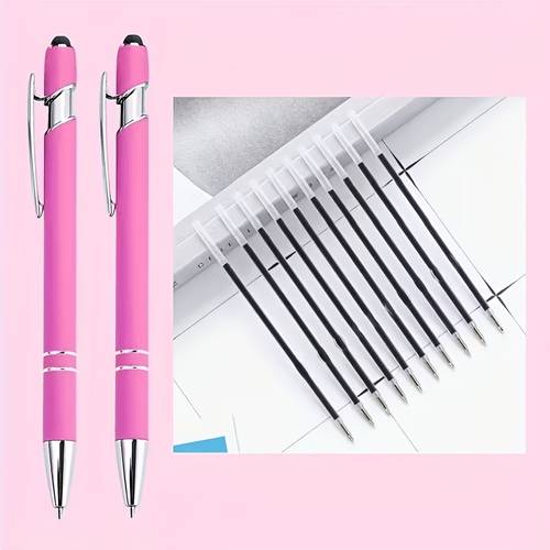 12pcs High-quality Pink Ballpoint Pen Set, Smooth Writing, 2 Pens + 10 Refills, with Touchscreen Stylus Tip, Suitable for Multiple Uses, Features a Stylus Tip - Smooth Writing, Non-slip Grip, Compatible with All Devices - Suitable for Daily Use