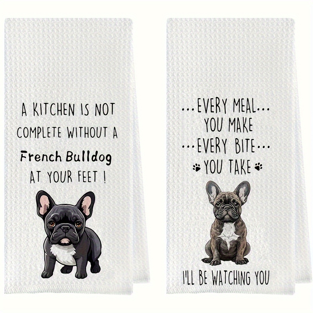 

2-pack French Bulldog Kitchen Towels - Waffle Weave Dish Cloths, Cartoon Dog Print, Farmhouse Style, 100% Polyester, 250gsm, Oblong Shape, Woven Weave For Pet Lovers