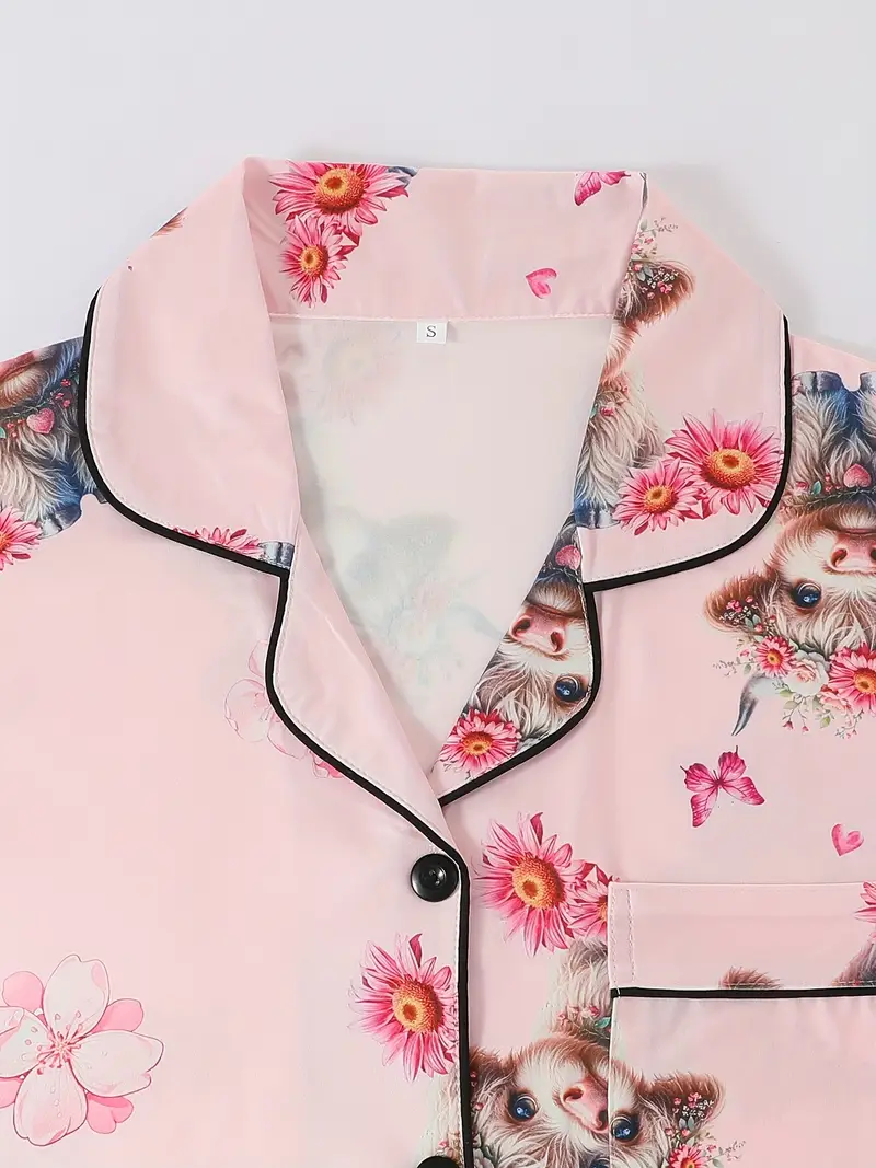 a set of three pink floral print pajamas for women featuring a comfortable long sleeve button up shirt and loose elastic shorts and pants casual outdoor wear and home lounging in Product details 3