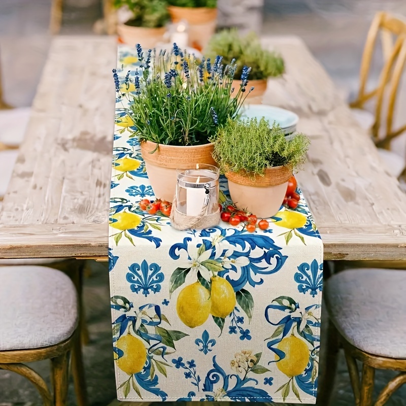 

Spring Theme And Lemon Pattern Polyester Table Runner - Woven Rectangle Tablecloth, Reusable, For Party Decor, Dining Room Banquet, And Outdoor Events - 100% Polyester Table Decor