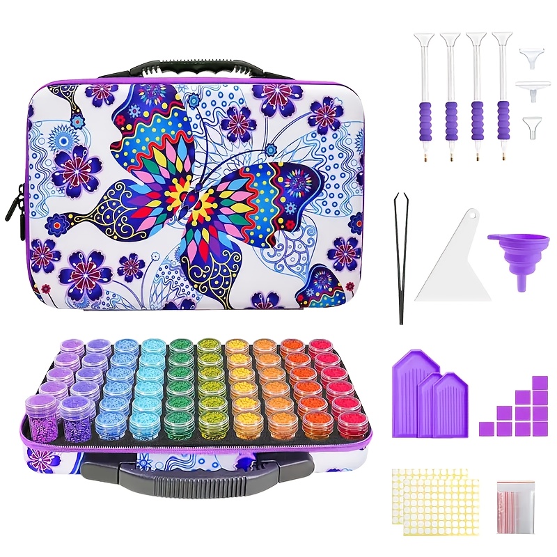 E-shop 60-Slot Schmetterling Diamantmalerei Aufbewahrungsset - Großer Nylon Organizer mit bunten Edelsteinen, Werkzeugen & Zubehör für DIY Craft,