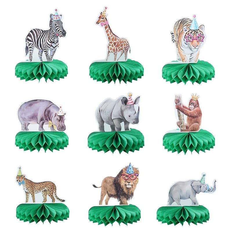 

9pcs Jungle Animals Honeycomb Centerpieces, Paper Party Supplies For Shower, Nursery, Wild Theme Birthday Decorations, No Electricity Needed, Jungle Theme Decorations