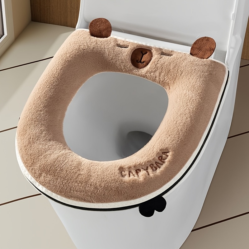 TEMU New Winter-thickened Fuzzy Toilet Seat Cover With Cartoon Embroidery And Built-in Handle - Cute And Warm Zippered Toilet Pad For Home Use