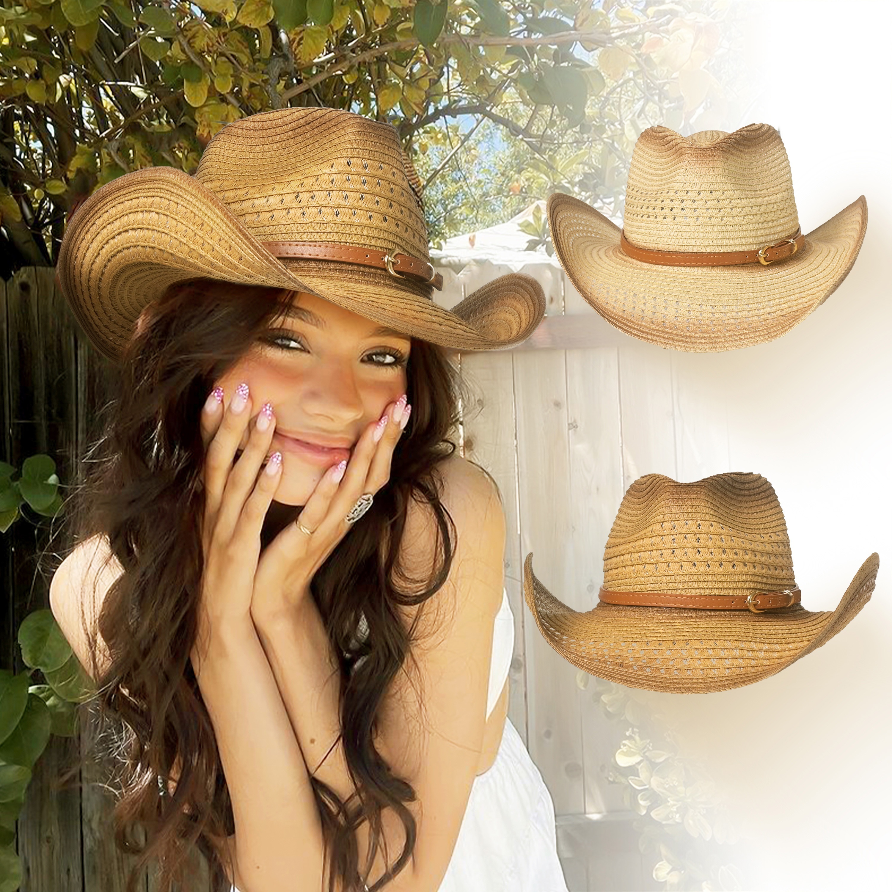

Straw Cowboy Hat, Western Style Sun Hat With Adjustable Leather Band, Breathable Summer Headwear