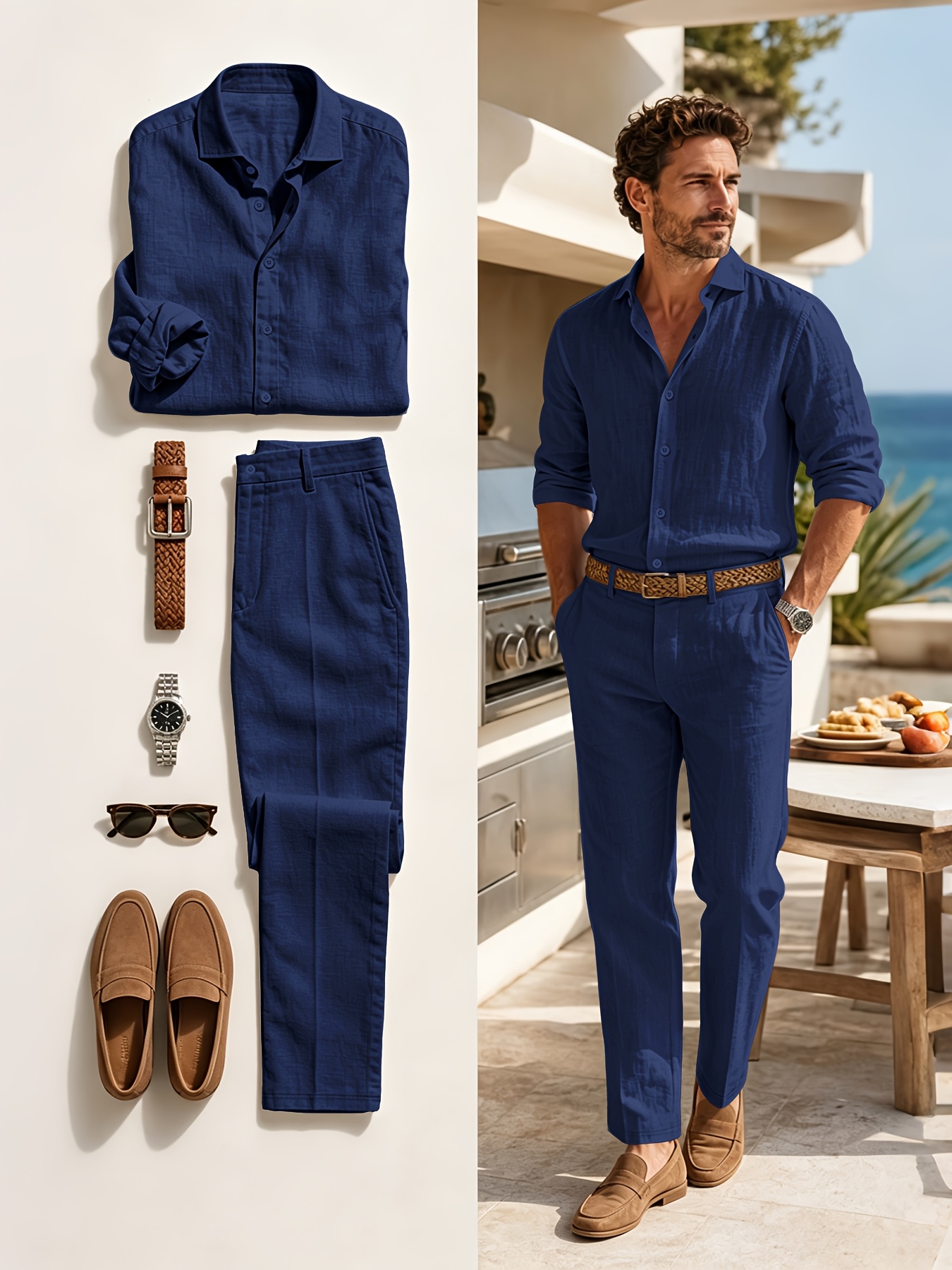 ensemble chemise en lin à col   manches longues mince et pantalon droit pour homme printemps automne nouveau, solide à taille élastique, tendance mode confortable,     sortie sport vacances rue 2 pièces 0