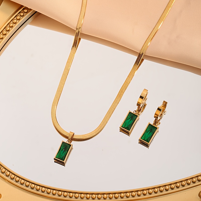 E-shop 3-teiliges elegantes stilvolles Damen-Halsketten-Set aus leichtem Luxus-Klingenkettendesign, grüner Schmuck, Damen-Schlangenkette,