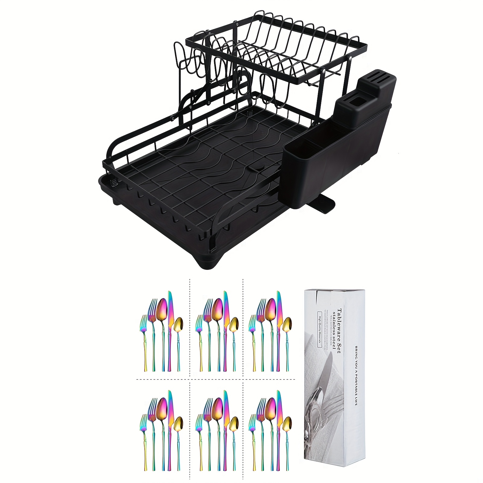 TEMU 2 Tiers Dish Drying Rack 30pcs Cutlery Set Foldable Bowl Plate Cup Cutting Board Holder Kitchen Counter Organizer Rainbow Stainless Steel