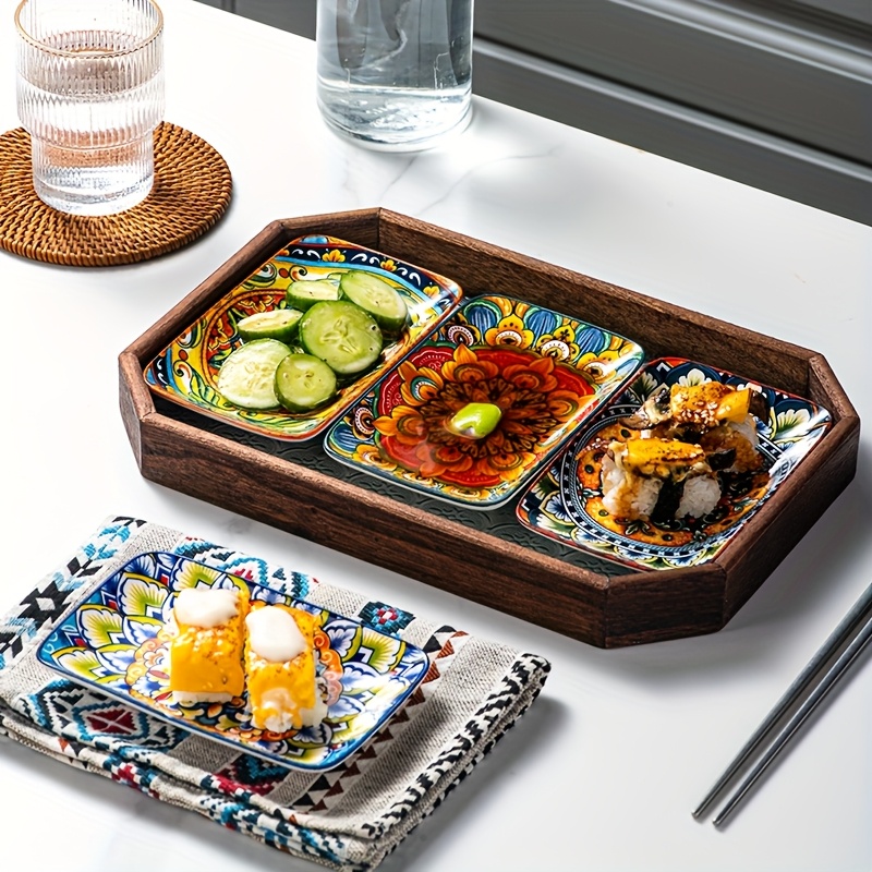 Image of 4pcs Bohemia Rectangular Ceramic Serving Plates Set - Oven, Microwave, Dishwasher Safe, Porcelain Platter For Sushi, Salad, Dessert, Pasta - , Flowers Theme, Round Shape, Durable, Easy To Clean