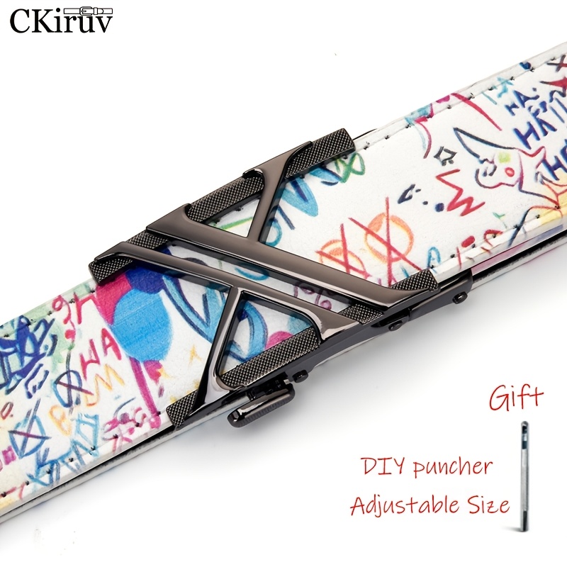 TEMU Men' Graffiti Style Belt, Individual Colorful Printed Design, Colorful Hand-drawn , Fits Jeans/casual Trousers, Hip-hop Outfit Compatible Belt,