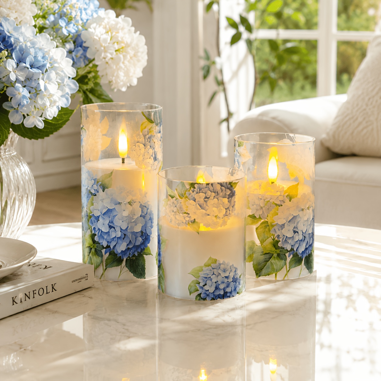 TEMU 3 Bougies flamme d'hortensia, Centre de table de mariage, Style chinois, Bougies artificielles imprimées hortensia, Fonctionnent à piles (piles
