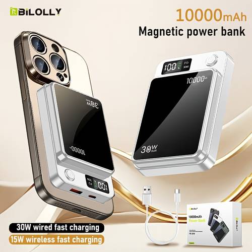 magnetic wireless charging power bank 10000mah battery 30w pd fast charging power bank 15w fast wireless charging 2 outputs and dual input external battery pack compatible with 17 16 15 14 13 12 11pro and other