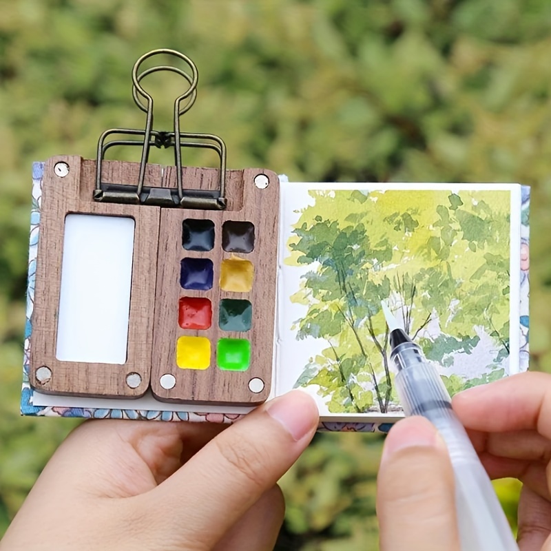 

Mini Portable Walnut Wood Watercolor Paint Palette With Mixing Tray And Clip