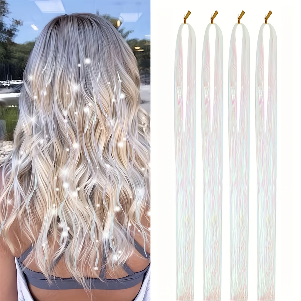 TEMU Hair Tinsel, 22inch 4 Packs Hair Tinsel Kit For Women Fairy Tinsel Hair Extensions Holographic Hair Tinsel Heat Resistant Colored Hair Glitter