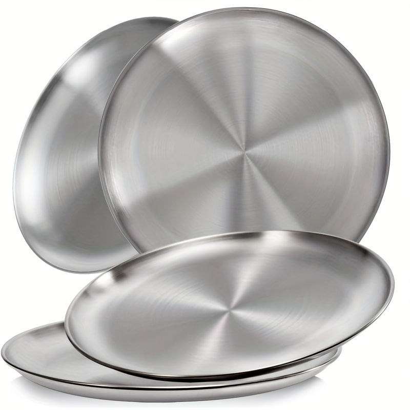 

4-pack 10-inch Stainless Steel Dinner Plates, Polished Metal Round Serving Plates For Home & Outdoor, Ideal For Salad, Pizza, Bbq, Thanksgiving, Christmas, Halloween, New Year,