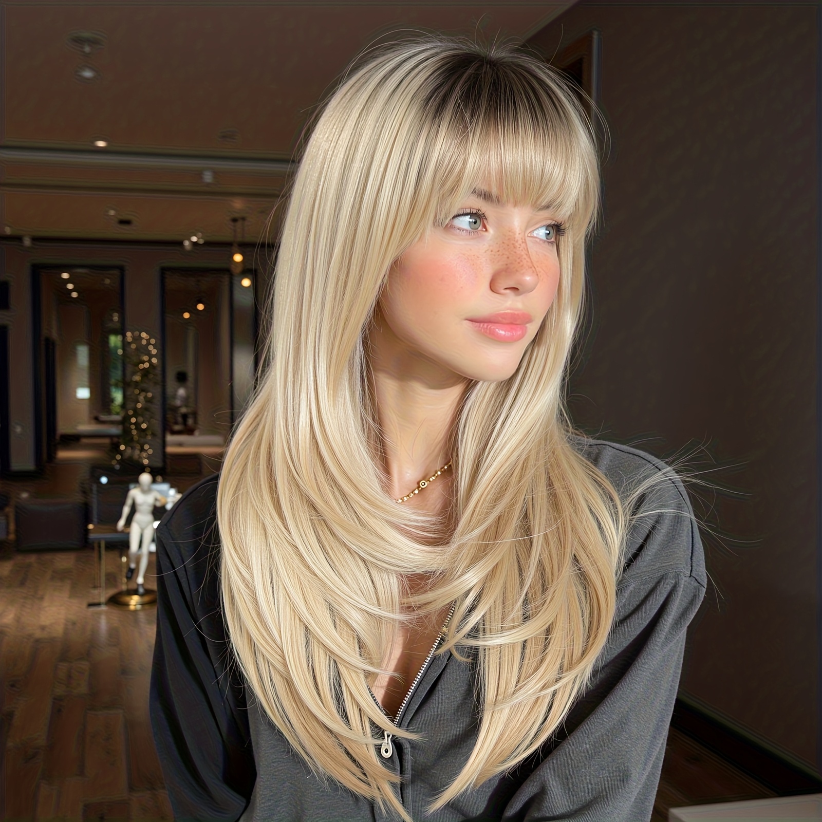 Image of A Stylish Synthetic Wig With Long Layered Golden Bangs, Perfect For Casual Or Special Occasions Like Christmas And Valentine's Day, Made From High-temperature Fiber For An Elegant Look
