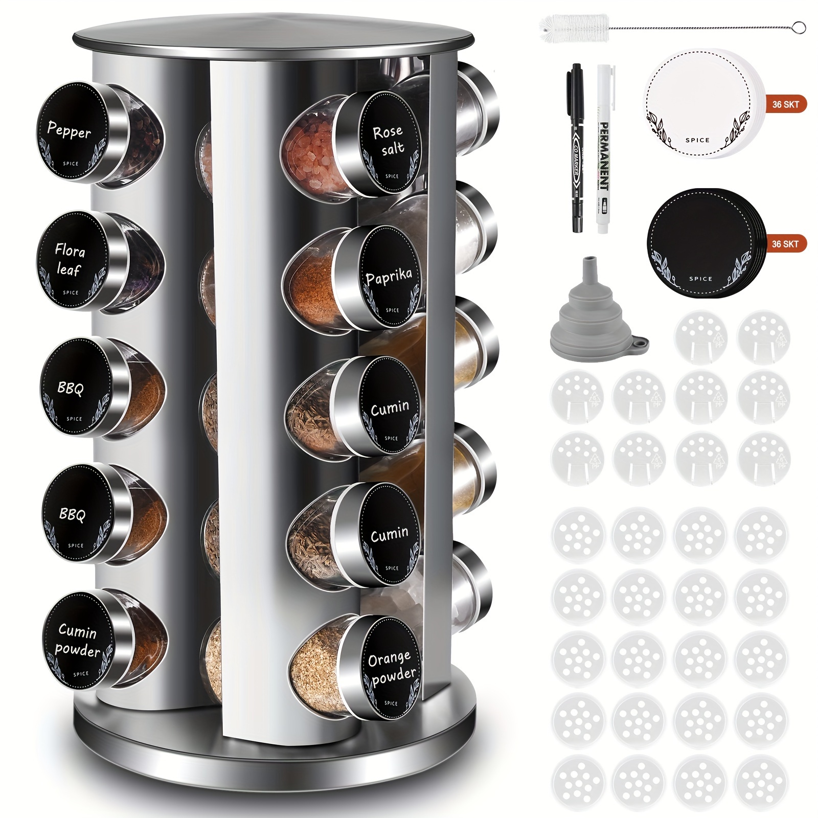 Miorkly Spice Rack, Spice Turntable With 20 Round Spice Jars, 360 Rotating Stainless Steel Spice Storage Box, Vertical Spice Rack, Suitable For Kitchen Workbench, Cabinet And Shelf, Spice Box