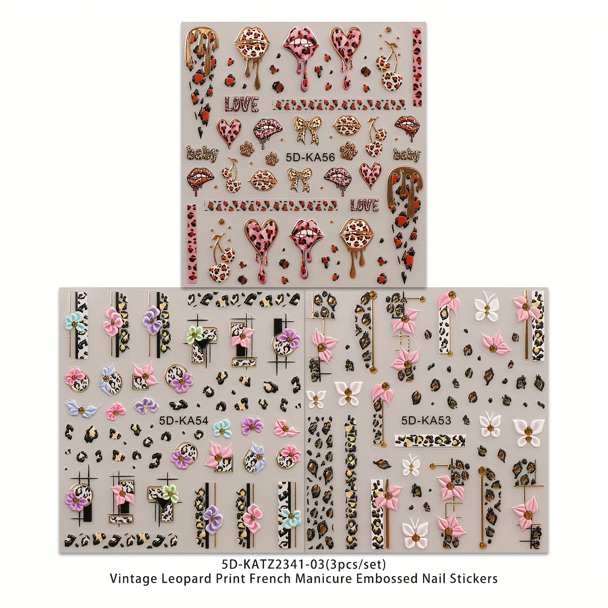 Image of 3pcs Retro Leopard Print Manicure Embossed Nail Art Stickers, Small Flower Art Nail Art Decals, 5d Exquisite Finish, Pink Wild Theme, Easy To Apply Nail Decoration, Diy, Gift, Party Makeup Look, Y2k
