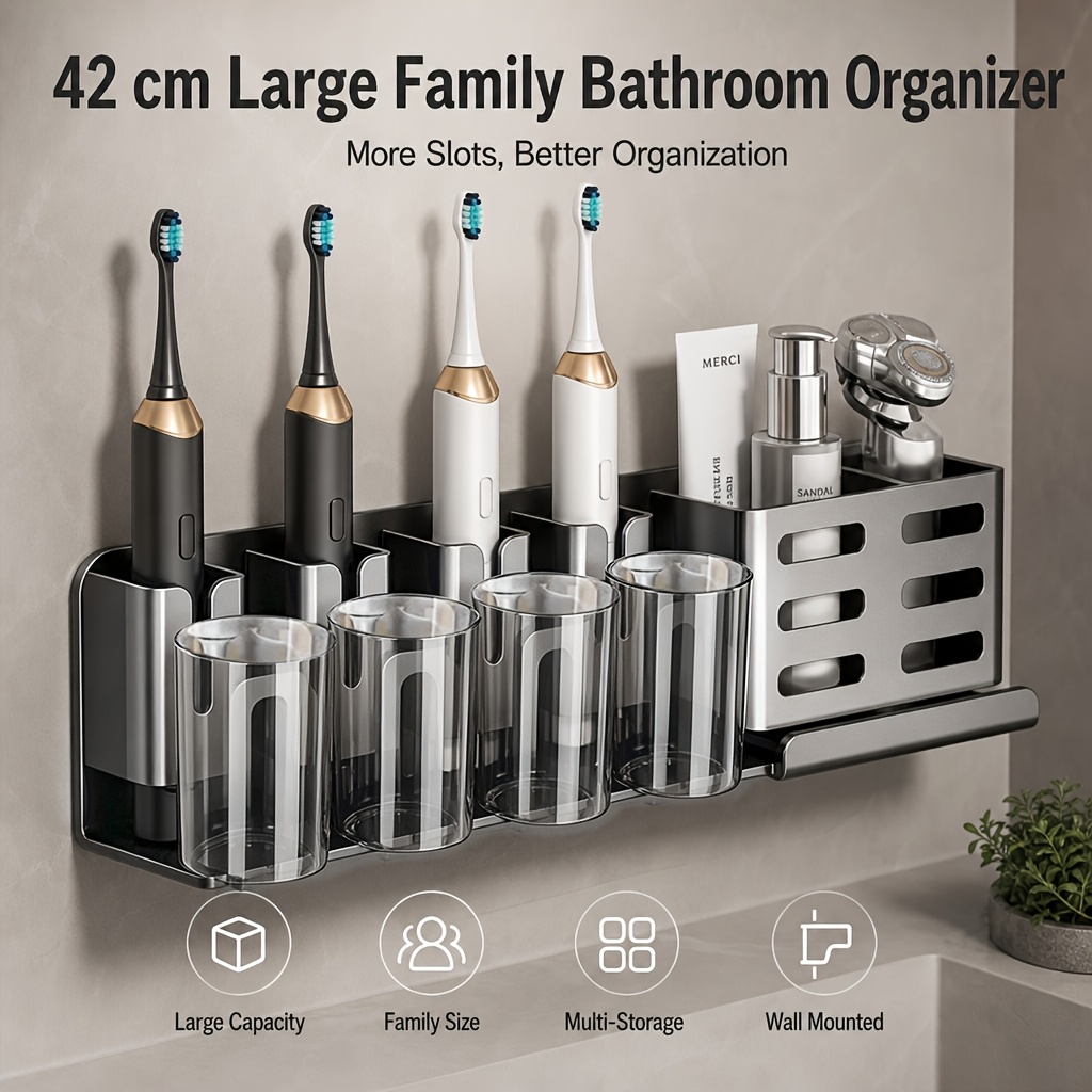 TEMU Wall-mounted Toothbrush Holder| No-drill Installation| With Storage Slots& Cups| Space-saving Bathroom Organizer For Electric Toothbrushes And