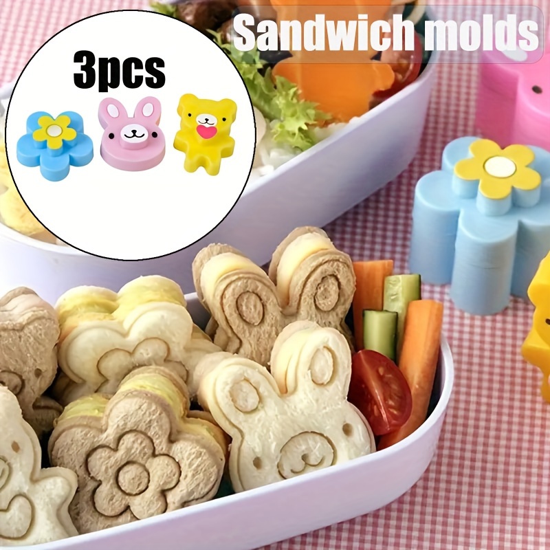 

3pcs Cute Bear, Flower & Bunny Sandwich Mold Set - Food-safe Plastic Bread And Biscuit Embosser For Kitchen & Dining