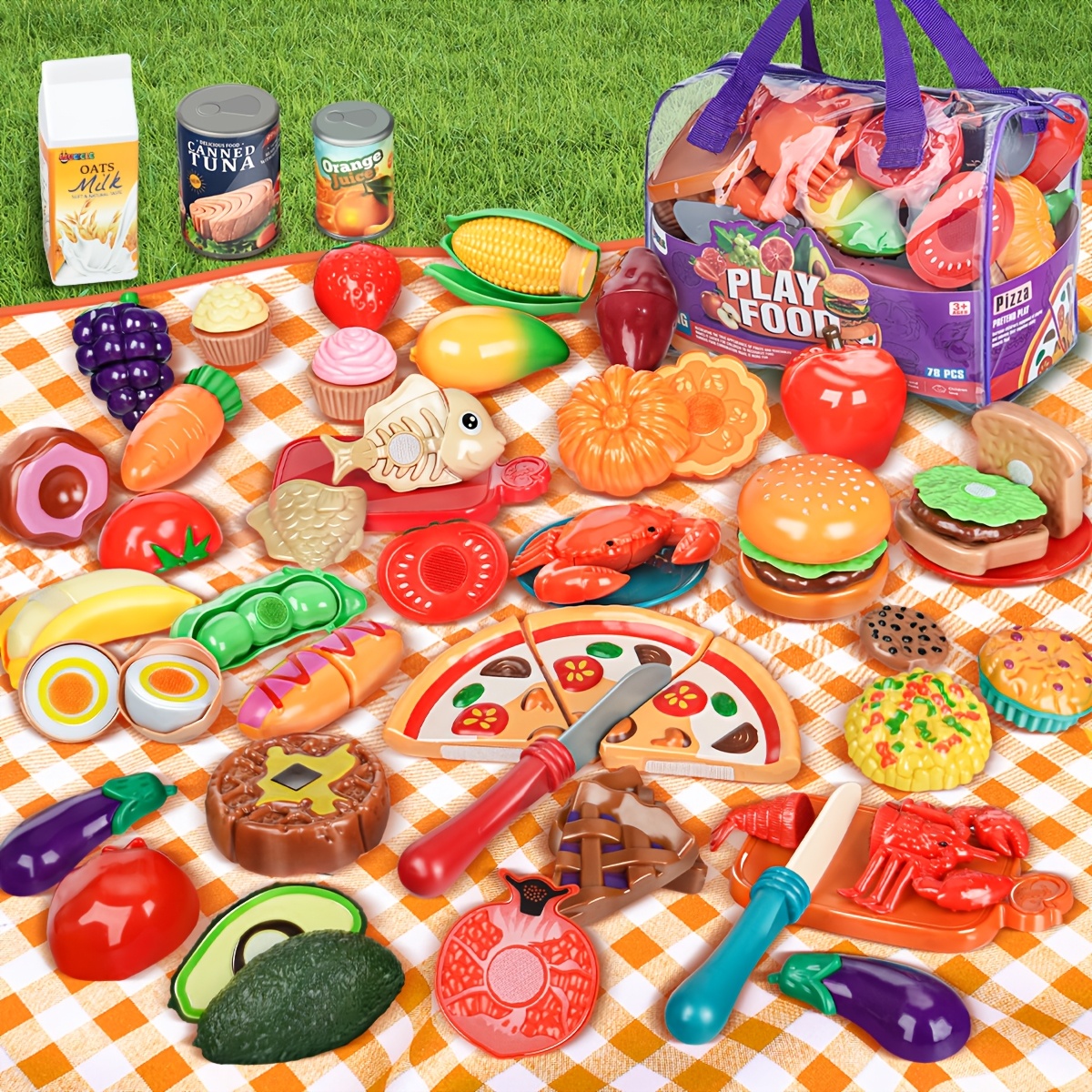 pretend play food for   kitchen 78pcs cutting toy food with storage bag food toys with veggies fruits   food with pizza toy pretend food play kitchen accessories boys girls gift Product details 1