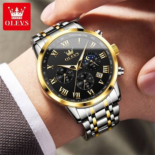 mens stainless steel chronograph watch with roman moon phases luminous hands quartz movement cool sophisticated dress watch for men blue black white dial