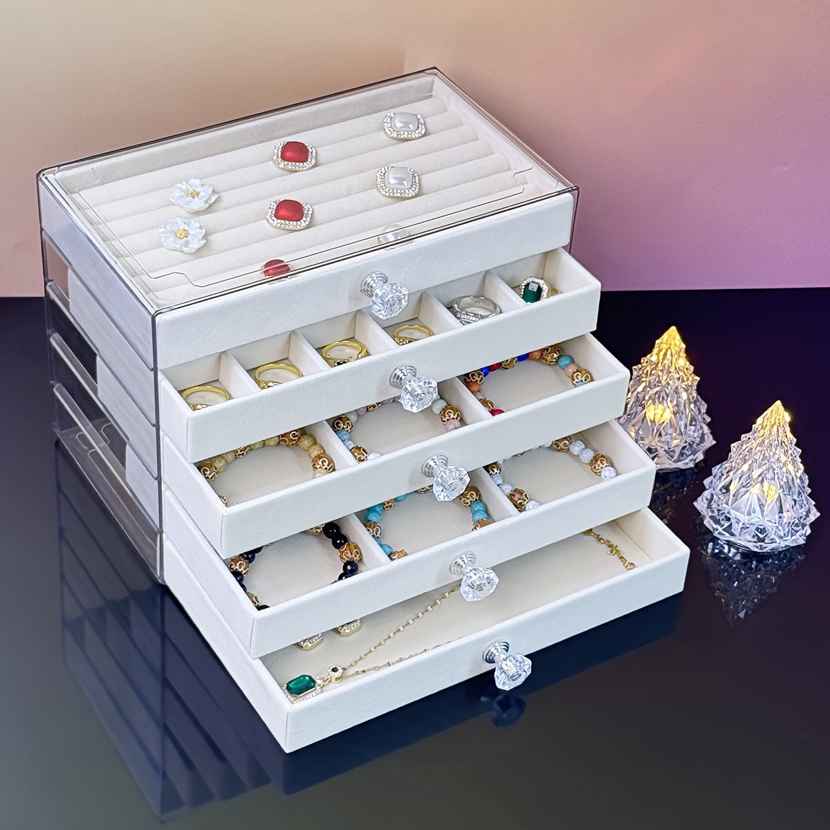 5 tier jewelry organizer box with transparent lids soft fabric lined compartments beige contemporary desktop storage for rings bracelets necklaces durable plastic multi use display case jewelry organizer storage polished   clear lid design jewelry boxes Product details 3
