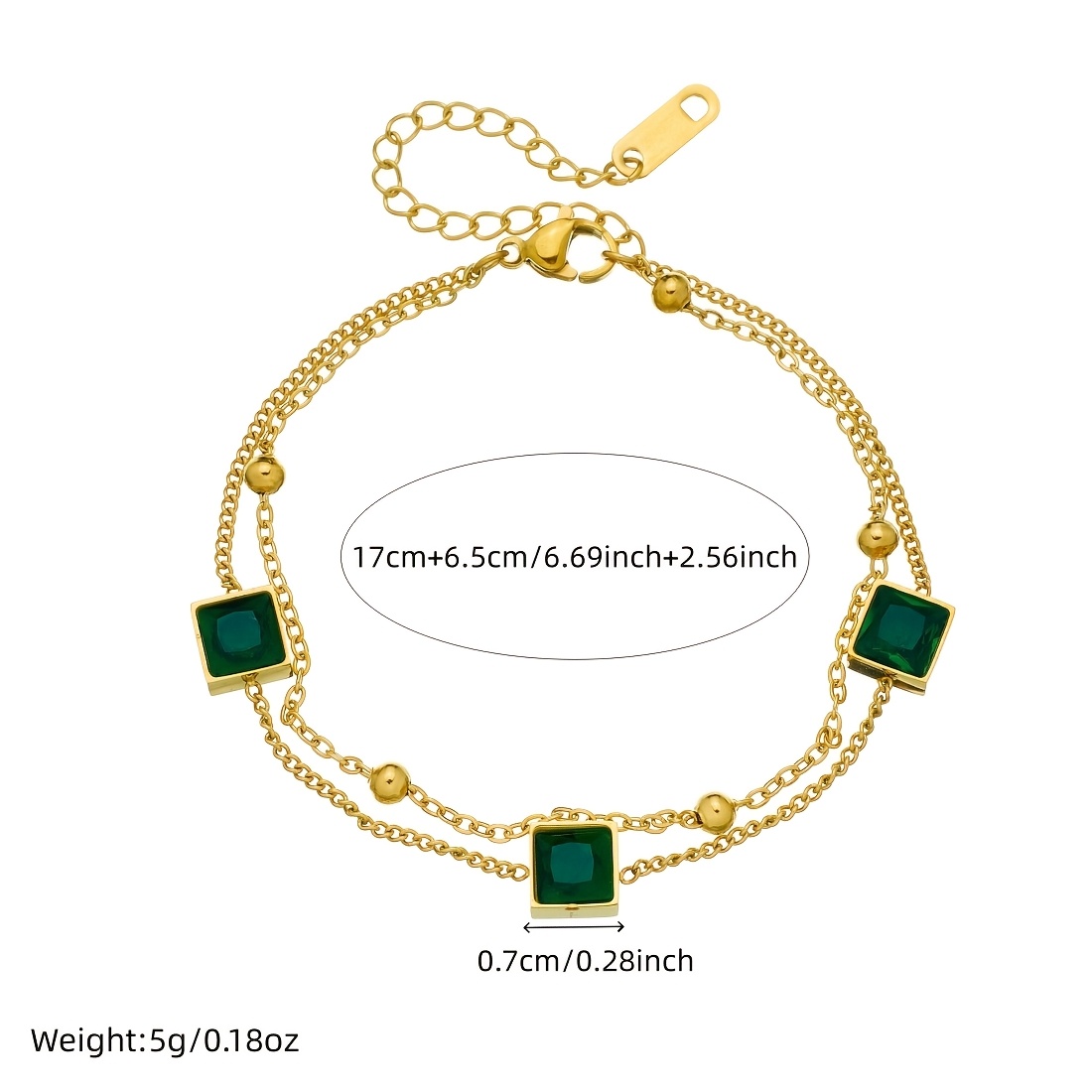 304 Stainless Steel Women's Bracelet Golden Double-layer Chain Green Square Glass Pendant Fashionable  Party Jewelry Gift