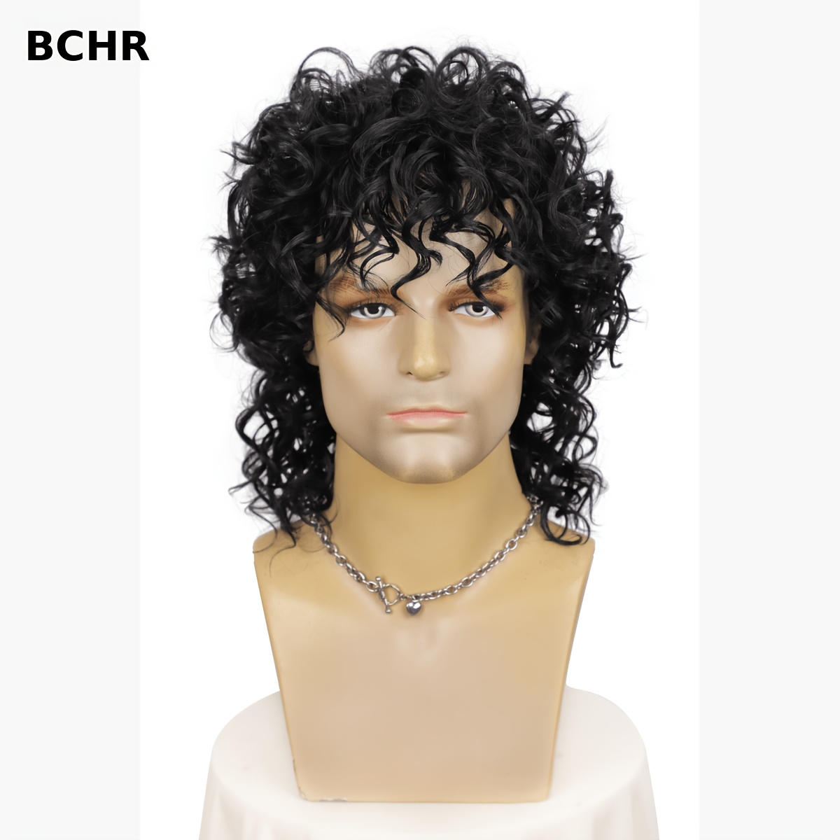 TEMU Bchr Men's 14 Inch Natural Black Curly Mullet Wig Suitable For - Retro 80s Rock Star Wig With Layered Short Curls, Synthetic Hair For Cosplay,