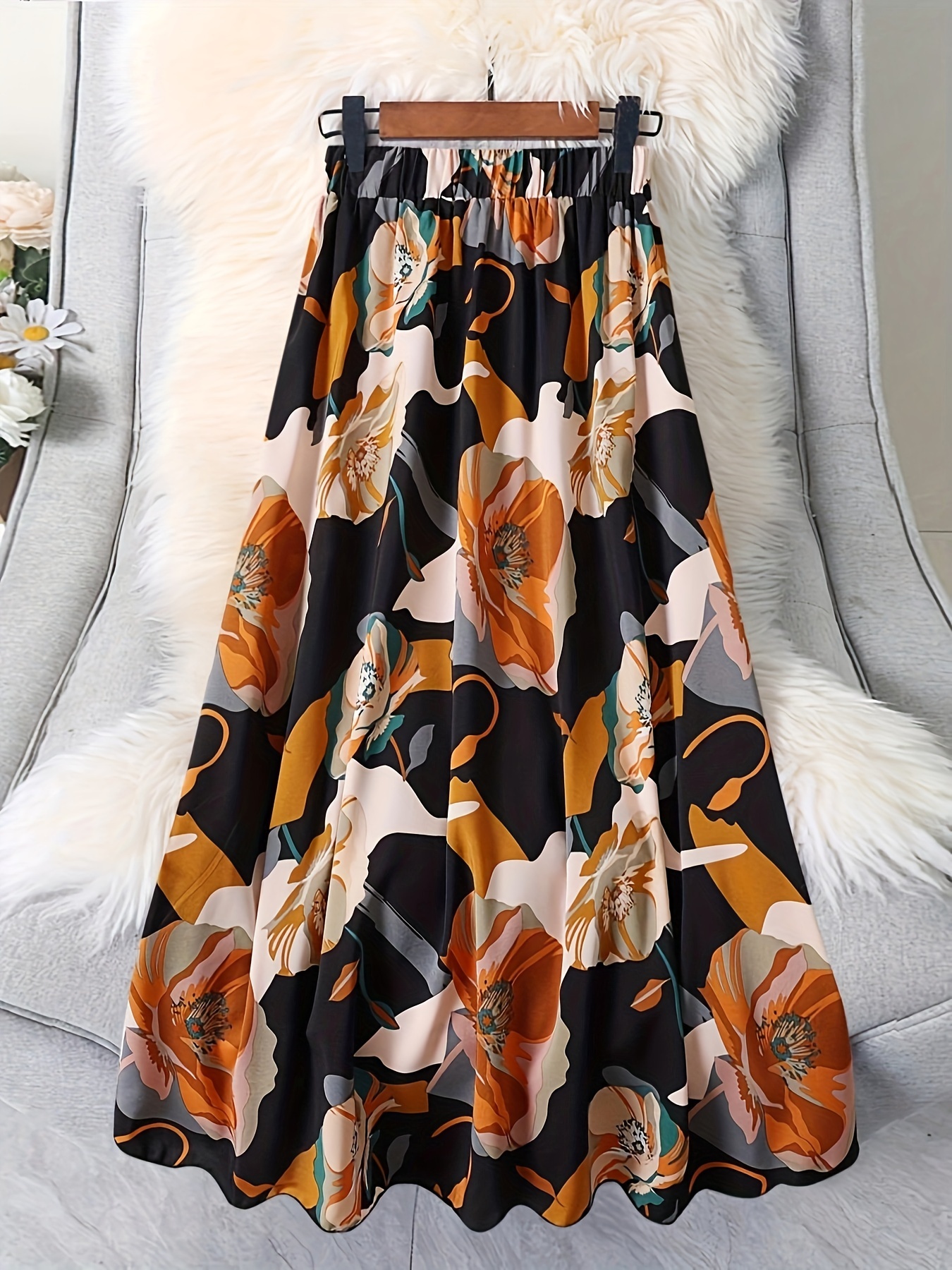 womens floral print a line skirt casual polyester elastic Temu