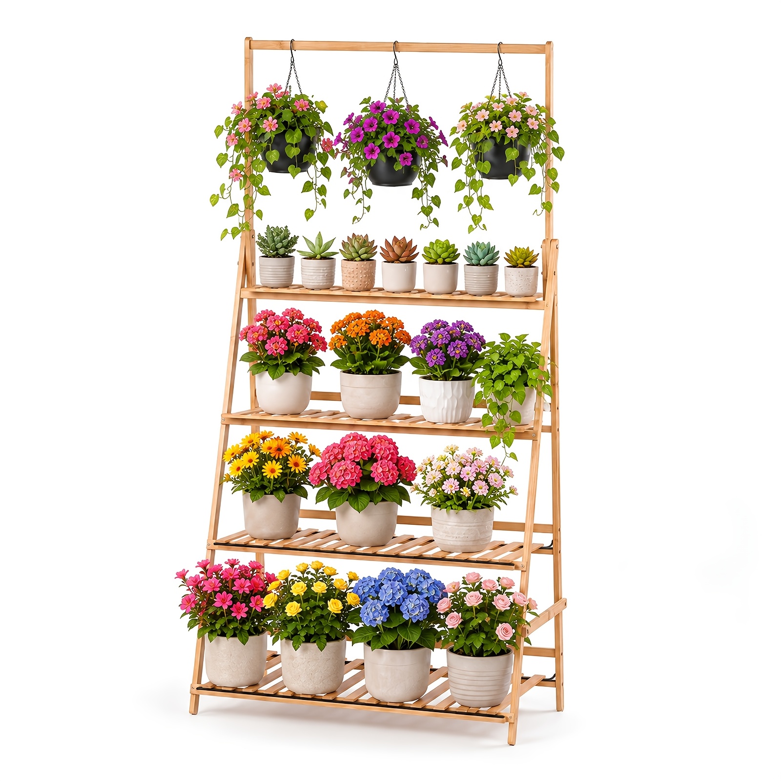 Image of Plant Stand, Folding Plant Stand With 4-tier Large Capacity Design, With Portable Storage, Hanging Hooks Space , Multi-tier Plant Shelf For Room Garden