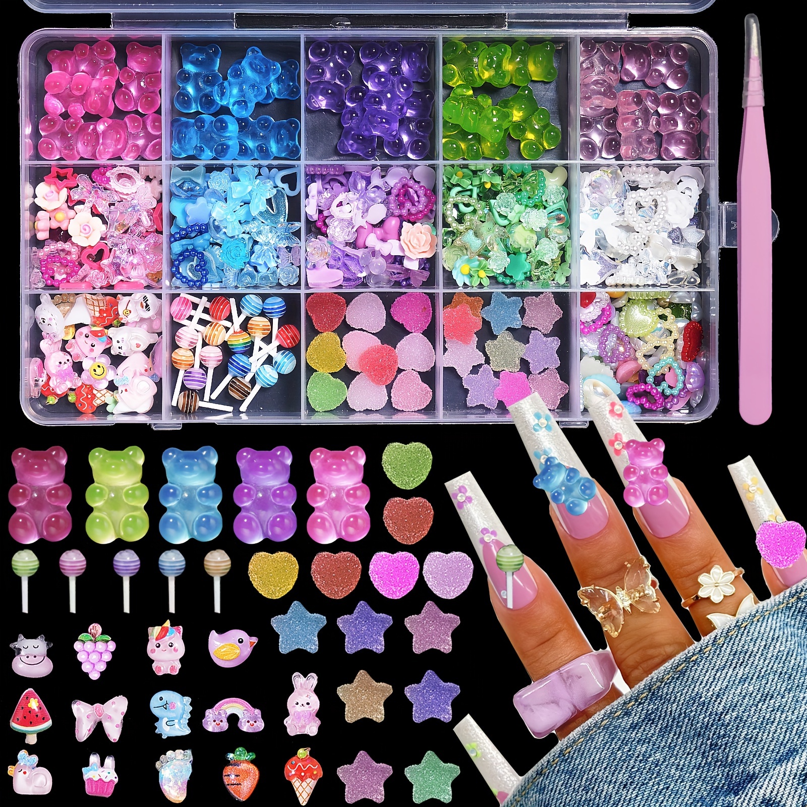 Cute Cartoon Nail Charms, 3d Assorted Bear Heart Star Rainbow Nail Art Accessories