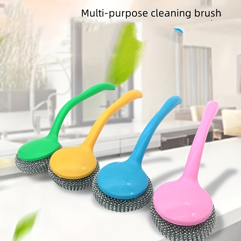 

Stainless Steel Sponge Handle Scrub Brush Kitchen Cleaning Tool, Non-scratch Wire Detachable Stain Removal Ball For Home Use, No Residue Cleaning Brush.