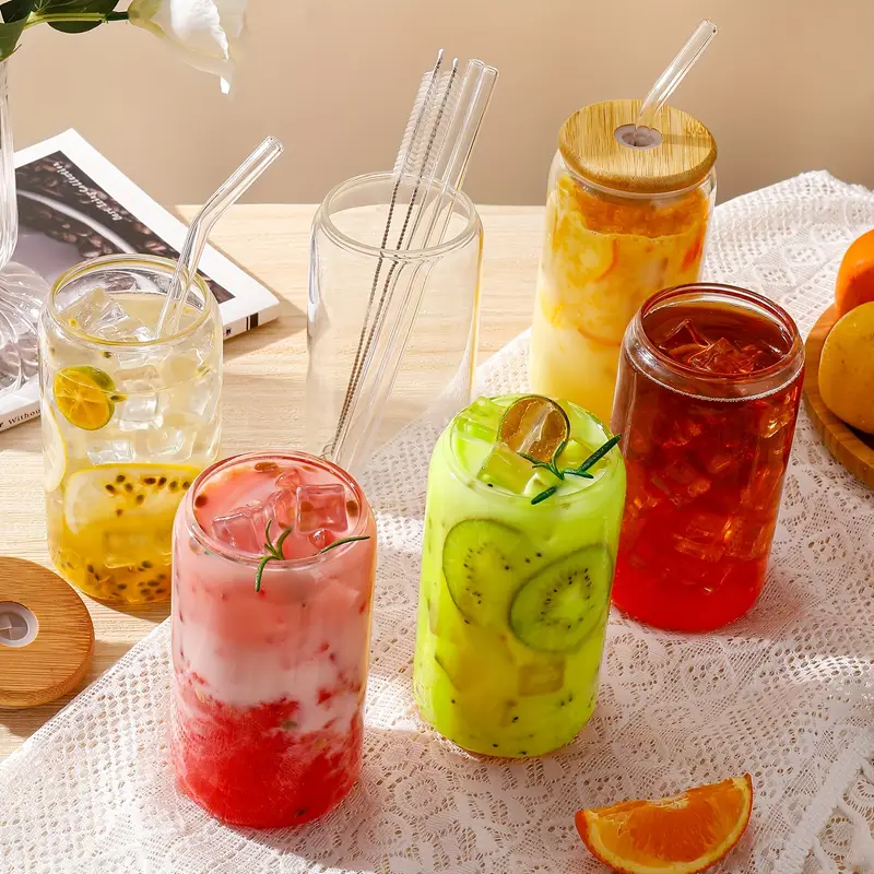 8 pack glass with bamboo lid glass straw set gift cleaning brush 16oz drinking cup in can iced coffee cup cute anti travel exercise hydration christmas halloween dinner Product details 0